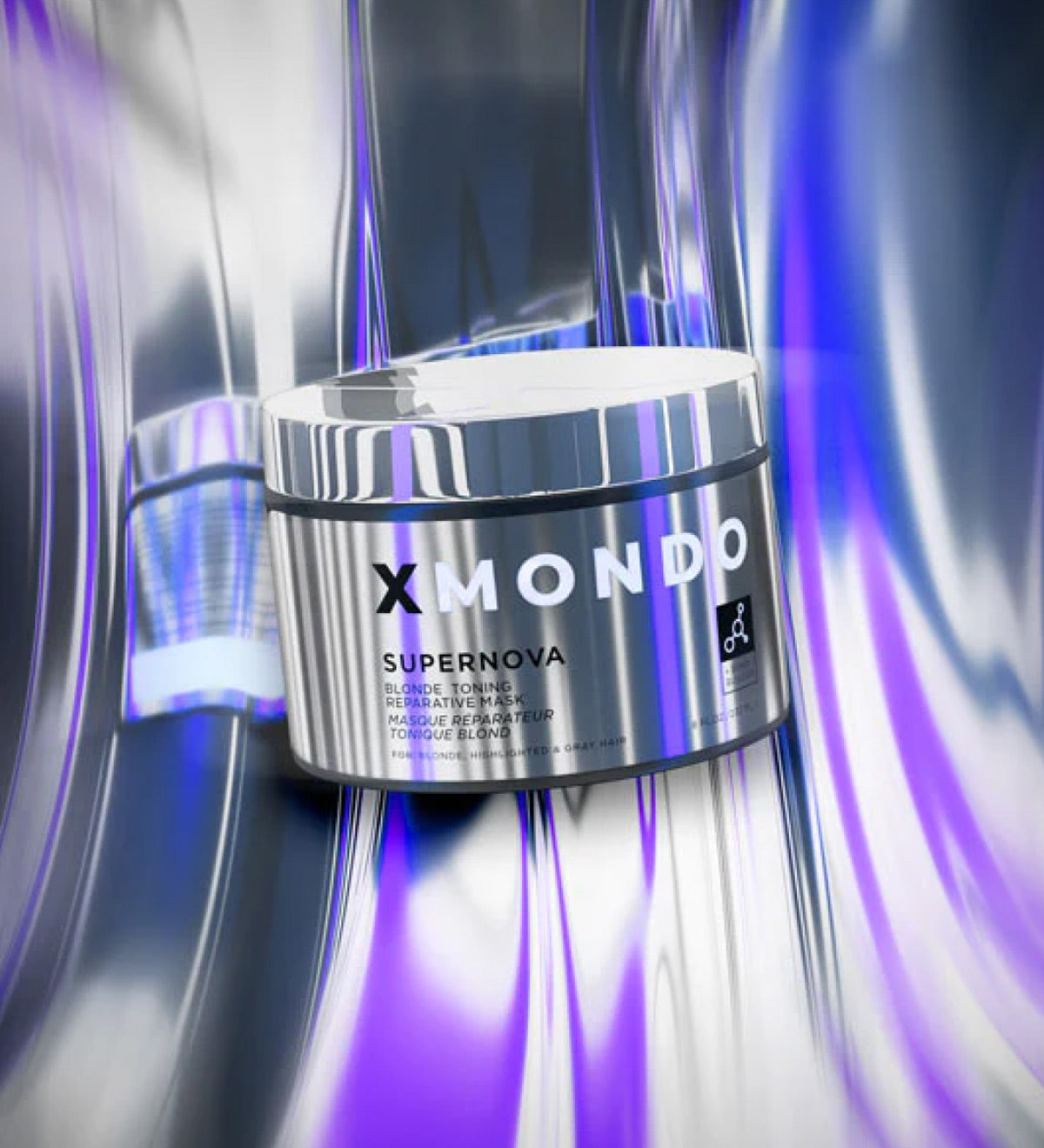 Artistic photograph of jar of supernova blonde toning reparative mask with bond builder