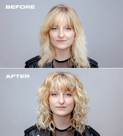 Female model before and after example of hair after using Wavetech Wave Shampoo